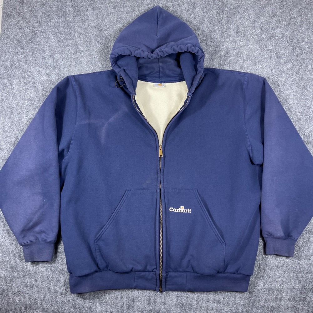 Vintage Carhartt Zip Up Hoodie Mens 2XL Navy Blue Thermal Lined Heavyweight